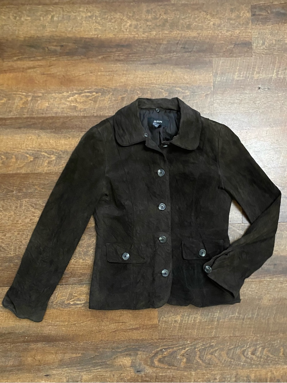 2000’s Alfani Brown Leather Jacket Button Front Lined Collared Pockets Women's M